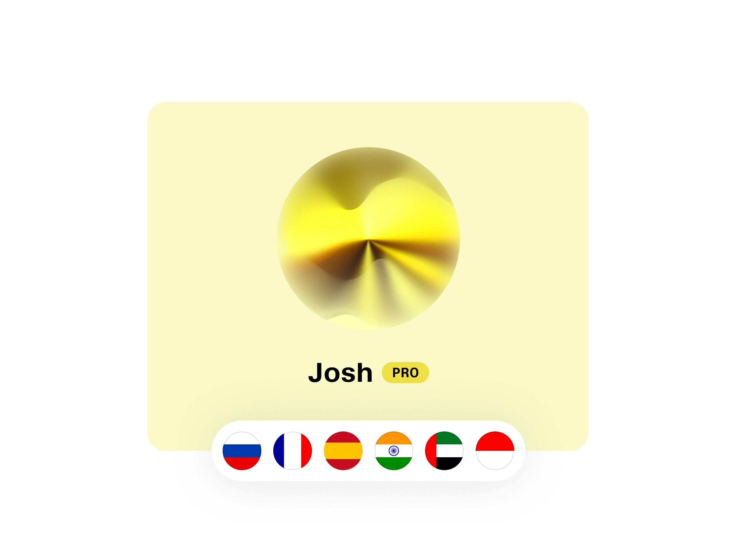 A digital card with a yellow and black abstract spherical design, the name "Josh" and "PRO" below, and six country flags at the bottom.
