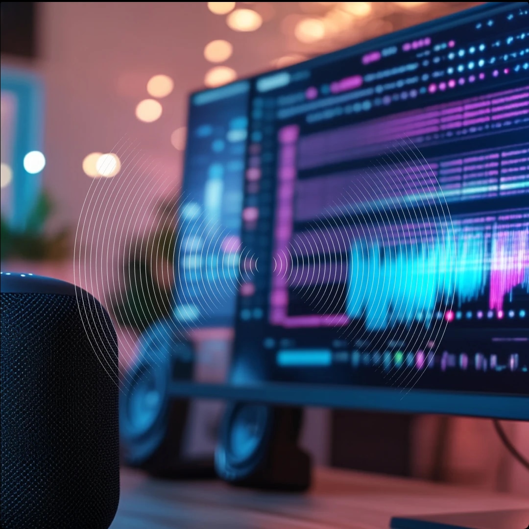 A computer monitor displaying colorful audio editing waves, with a speaker in the foreground and blurred background lights.
