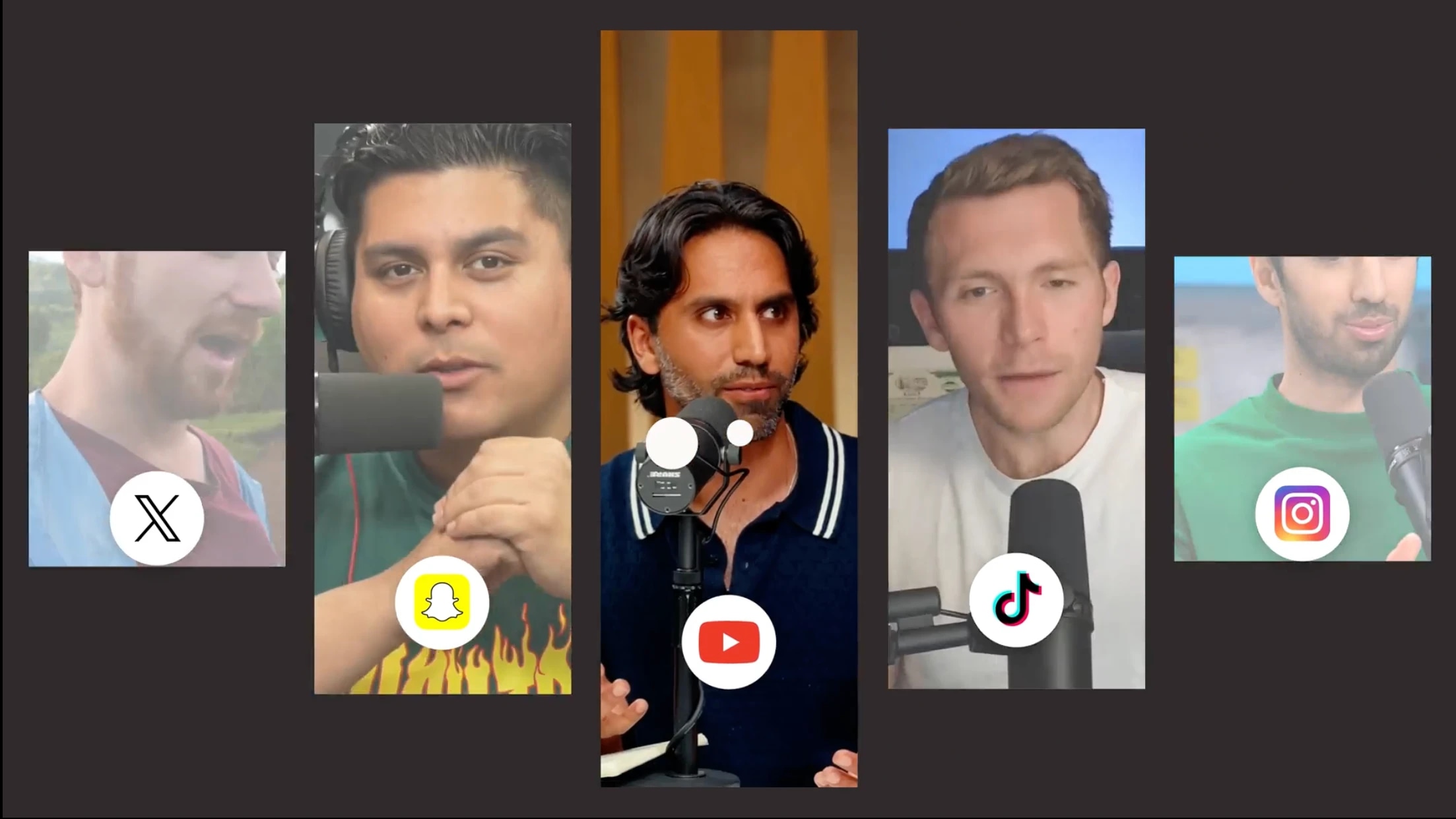 Collage of five people speaking into microphones, each with a social media icon at the bottom.