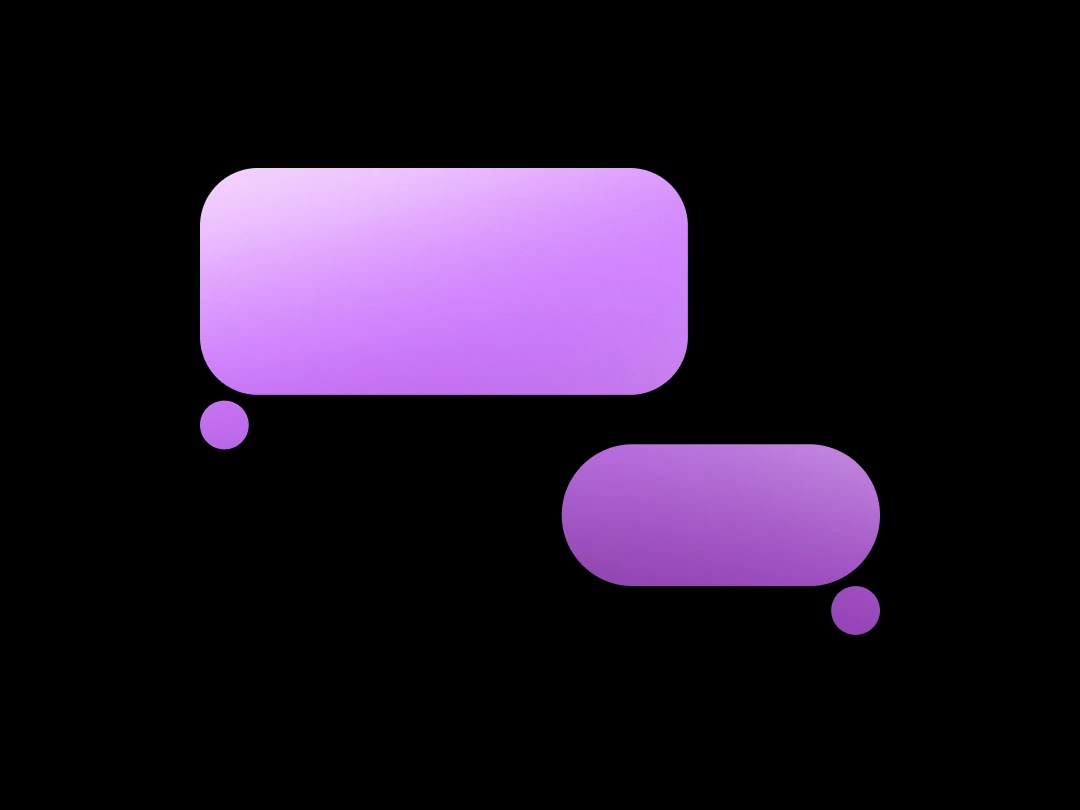 Two purple speech bubbles with gradient shading, one larger and one smaller, connected by small circles.